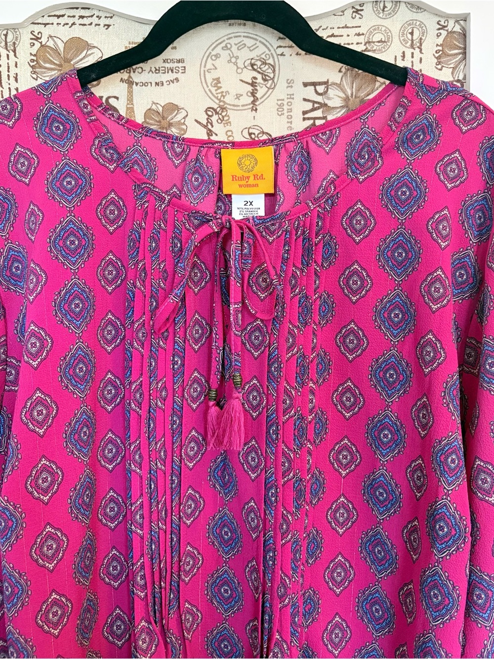 Ruby Rd. Magenta Printed Peasant Tunic with Tassel Tie - Picture 4 of 11